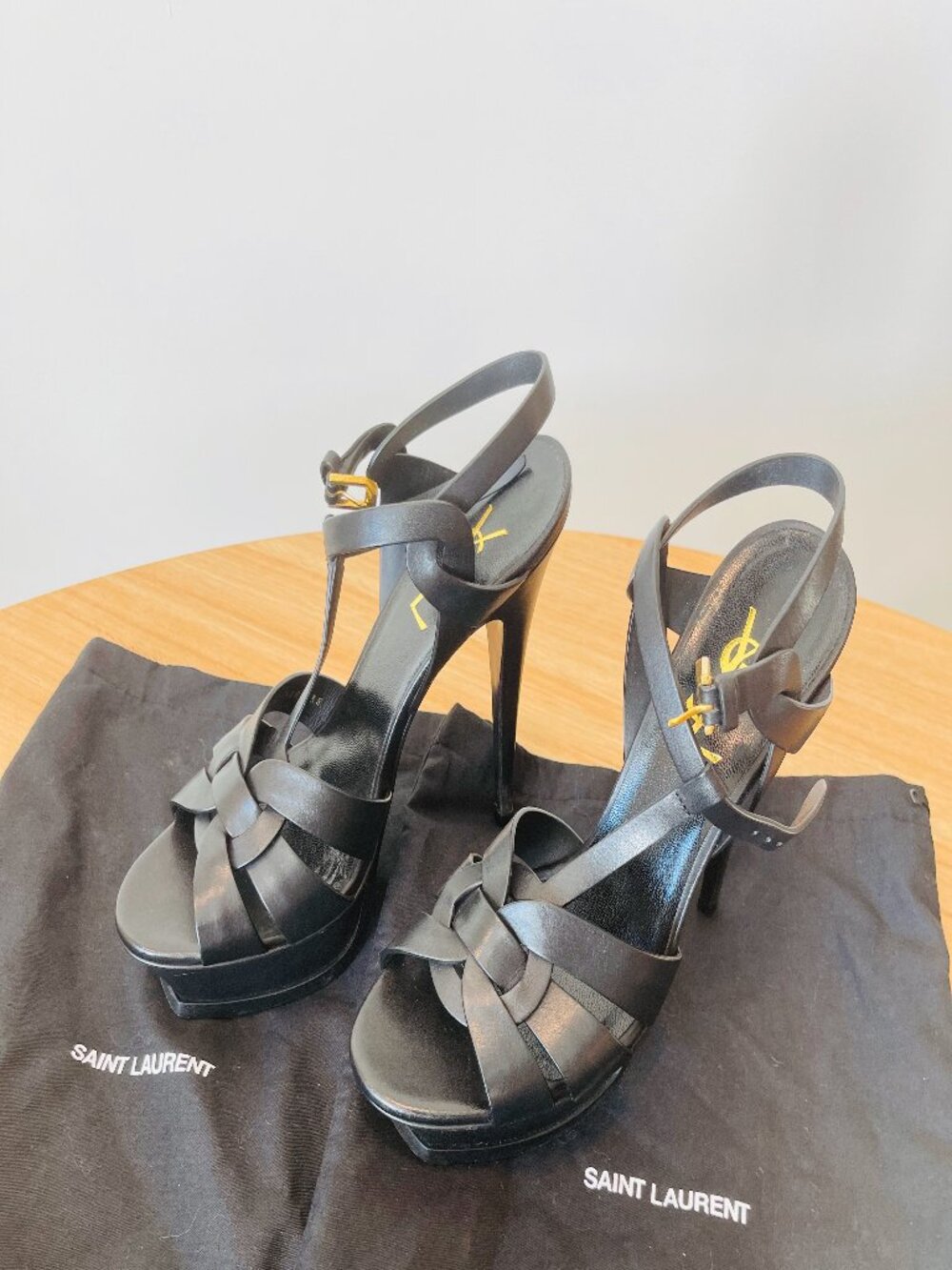 Saint Laurent YSL Tribute Black Leather Platform Sandals Heels EU 38